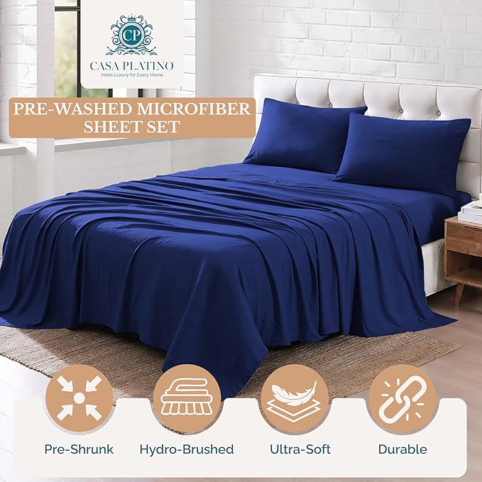 Casa Platino Twin Sheet Set, Pre-Washed Ultra Soft & Breathable Bed Sheets Twin Size, Brushed Microfiber Twin Sheets, Fade Resistant, Sheets Twin Size Bed Set with Deep Pockets - Navy