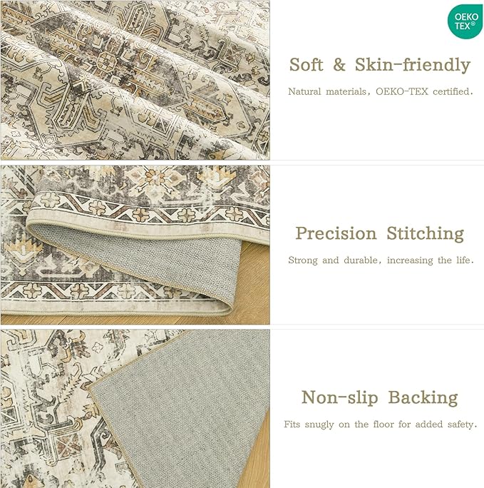 zesthome 8x10 Area Rugs for Living Room,Non-Slip Backing Washable Rugs,Vintage Large Area Rug，Stain Resistant Home Decor Rug (Beige/Brown,8'x10')