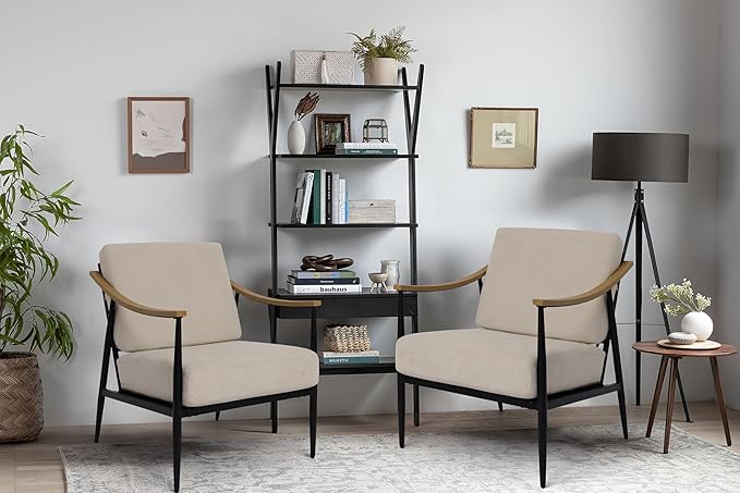 Modern Accent Chairs Set of 2 for Living Room Bedroom Mid Century Arm Chairs Upholstered Office Accent Chairs Comfy Waiting Room Chairs with Metal Frame, Beige