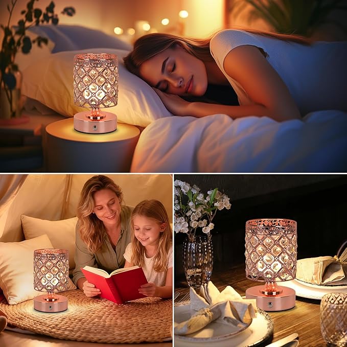 TOBUSA Crystal Cordless Table Lamp Rechargeable, Portable 6000mAh Battery Operated Lamp with 3 Color Temps & Stepless Dimming, Bedside Touch Small Desk Lamp, Rose Gold LED Night Light for Bedroom Bar