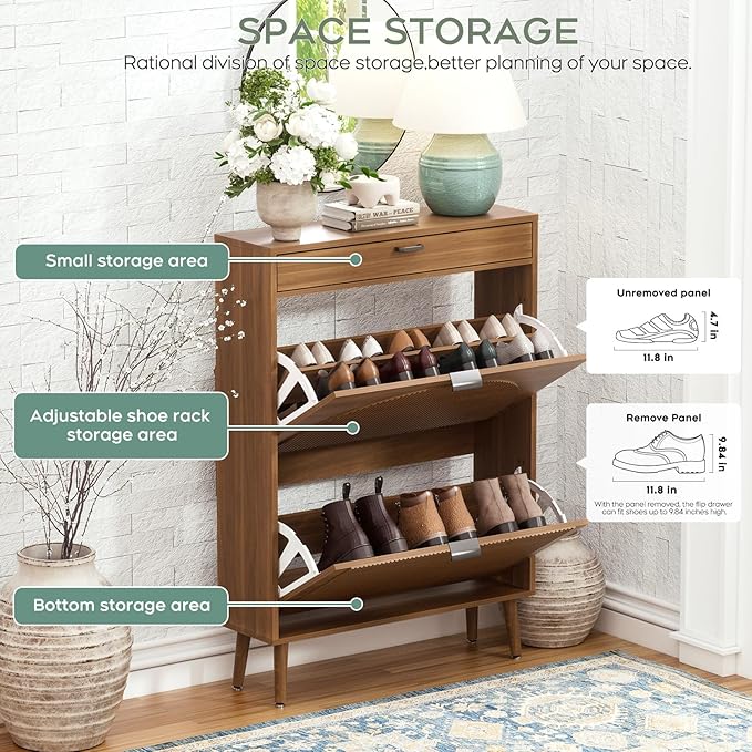 Yechen Shoe Storage Cabinet with 2 Flip Drawers& 1 Small Drawer, Slim Entryway Shoe Organizer with Fluted Wavy Doors for Hallway,Walnut