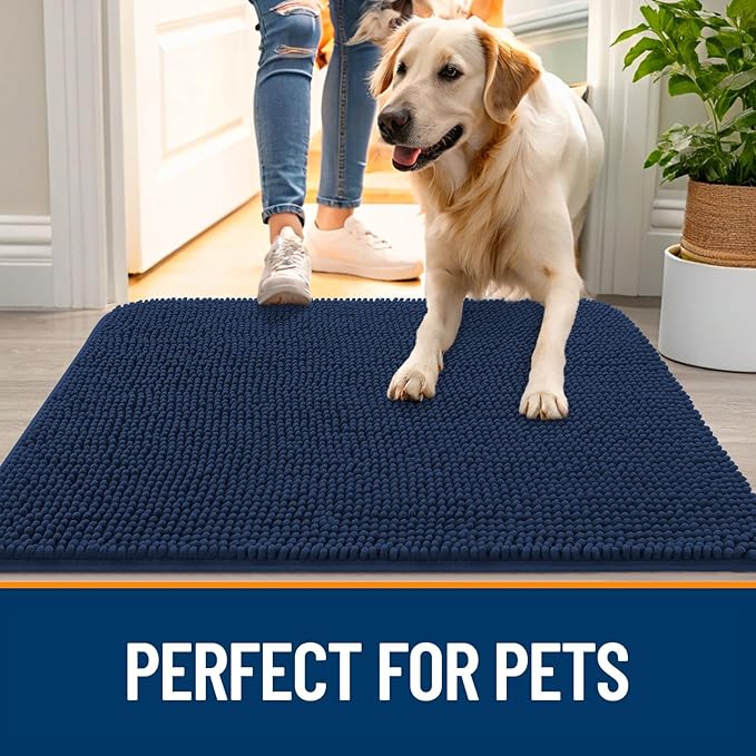 OLANLY Dog Door Mat for Muddy Paws 36x24, Absorbs Moisture and Dirt, Absorbent Non-Slip Washable Doormat, Quick Dry Chenille Mud Mat for Dogs, Entry Indoor Entryway Carpet for Inside Floor, Dark Blue
