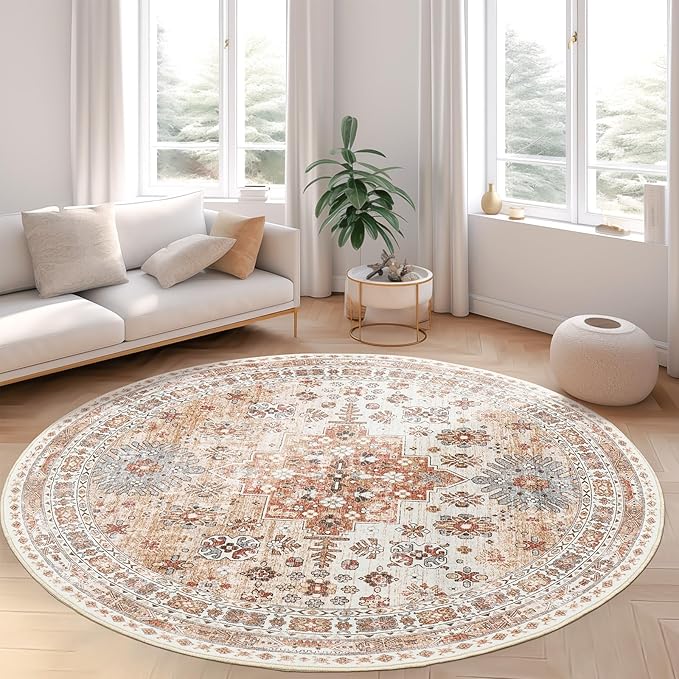 zesthome Washable Round Area Rugs - Non-Slip 6ft Round Rugs, Ultra-Thin Large Circle Rugs for Living Room, Soft Low Pile Rug for Bedroom, Kitchen, Nursery - Vintage Stain Resistant Round Rug