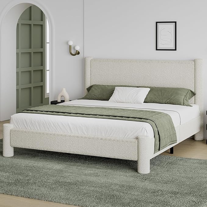California King Size Bed Frame, Boucle Bed Frame with Headborad, Soft Upholstered Platform Bed Frame with Rounded Corners, No Box Spring Required, Easy Assembly, Cream