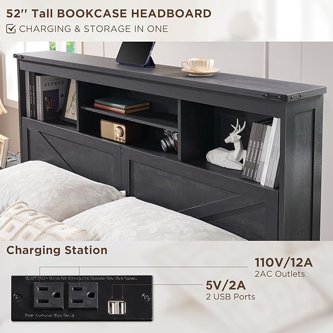 ACCOHOHO Farmhouse Queen Size Bed Frame with 52" High Storage Bookcase Headboard and 4 Drawers,Wooden Bed Frame with LED Light and Charging Station,Black