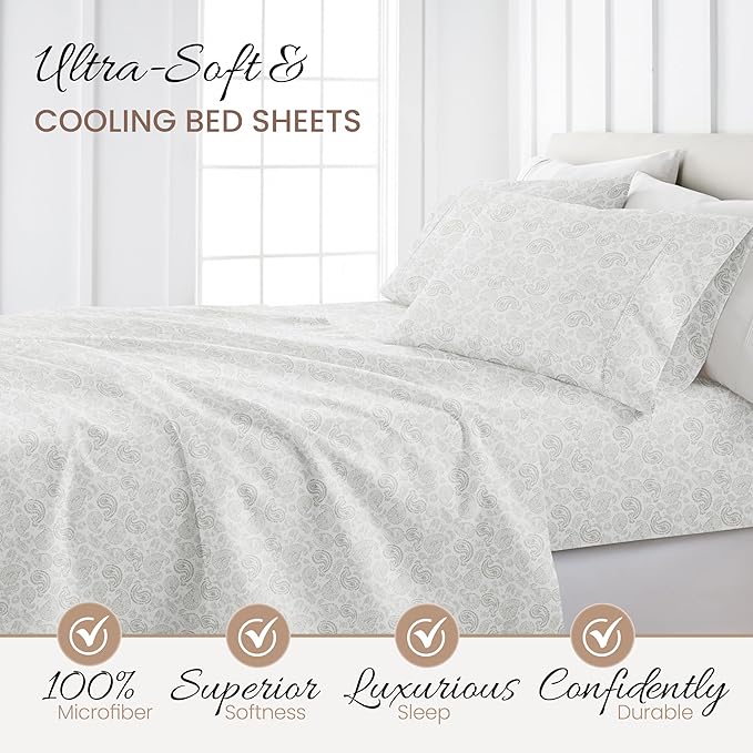 Linen Market Double-Brushed Patterned Microfiber Full Sheet Set 4 Piece – Oeko-TEX Certified Ultra Soft & Wrinkle-Free - 16" Deep Pocket Sheets - Easy Care Full Size - Coarse Paisley Light Gray