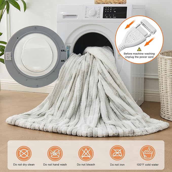 Heated Blanket Throw - 50"x60" Fast Heating Bed Electric Blankets Throw with 6 Heating Levels & 4 Hours Auto Off, Soft Ribbed Faux Fur Sherpa, Over-Heated Protection ETL, Light Gray