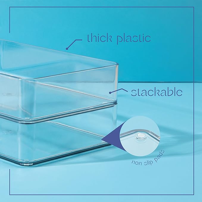 primebox Six Pieces. Plastic Clear Drawer Organizers for Bathroom, Kitchen, Bedroom, Office. Organizer Bins, Storage Trays. Heavy Duty, Stackable, Non-Slip. 3 Sizes