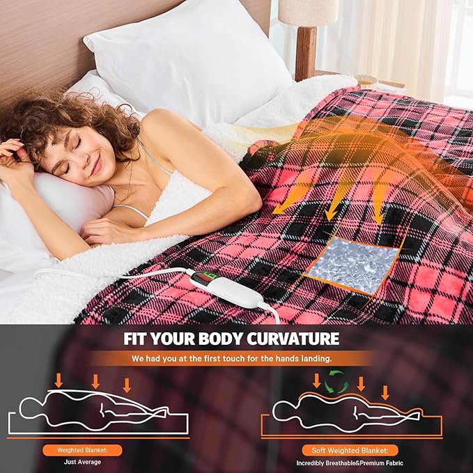 Pink Heated Weighted Blanket for Adults 20Lbs Queen Size - 60"x80", 2-in-1 Electric Heating Pad Lap Heavy Blanket for 190-210lbs for Couch, 10 Level 1-8H Auto Off, Birthday Gifts for Women Mom Girls