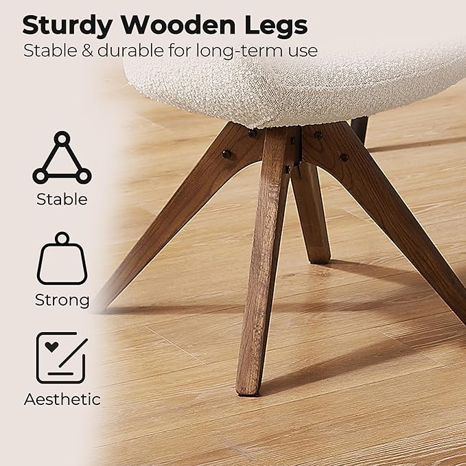 Zouron Mid Century Modern Accent Chair with Oak Wood Legs, Upholstered Swivel Chair No Wheels, Side Accent Armchair Vanity Chair for Small Space Home Office Living Room Bedroom, Ivory