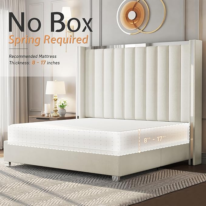 Jocisland Queen Size Bed Frame with 58" Tall Headboard, Platform Velvet Upholstered Bed with Channel Tufted Wingback Headboard and Plating Trim, No Box Spring Needed, White Cream