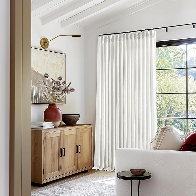 Ivory White Extra Wide Pinch Pleat Linen Curtains 84 Inches Long for Living Room Sliding Glass Door 100 Inch Wide Curtain Memory Trained Pleated Drape with Hooks Rings 100x84 Large Window Curtain