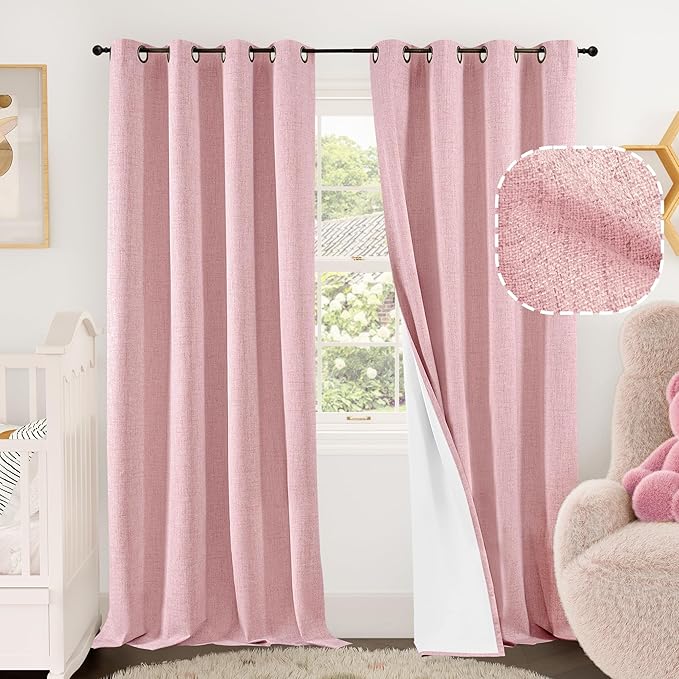 Baby Pink Linen Blackout Curtains for Nursery 84 Inch Length 2 Panels Set, Thermal Insulated Boho Total Black Out Noise Reducing Bonzer Grommets Window Curtains for Girls Bedroom, Each 60 Inch Wide