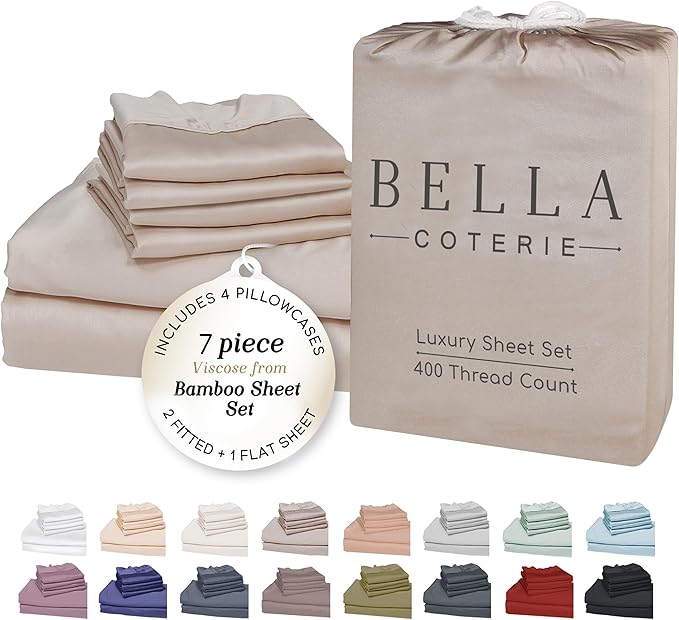 Bella Coterie 7 Piece Luxury Bamboo Viscose Split King Size Sheet Set | 2 Fitted Sheets for Adjustable Beds | 100% Organically Grown | Cooling for Hot Sleepers | 4 Pillowcases [Dune]