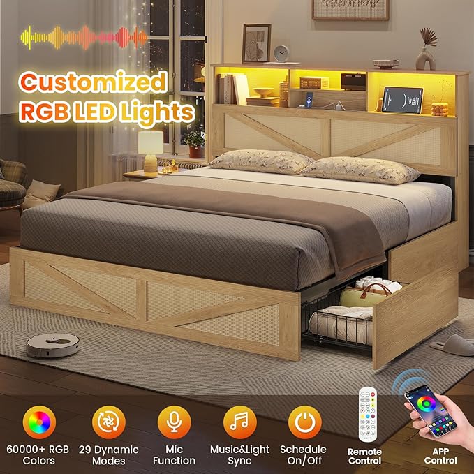 VIAGDO Rattan Bed Frame Queen Size with Bookcase Storage Headboard, Charging Station and LED Lights, Wooden Queen Bed Frame with 4 Drawers, Barn Door Design, No Box Spring Needed, No Noise, Natural