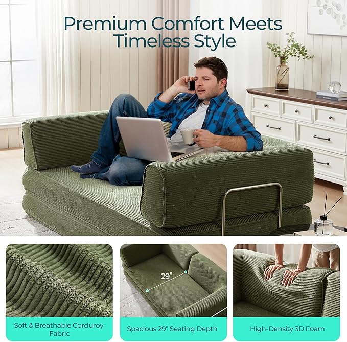 LINSY HOME 79'' Convertible Sofa Bed - Boneless Compression Sofa Folding Loveseat Sleeper - Foldable Corduroy Couch Bed for Living Room Bedroom - Modular Sectional Compressed Sofa in Box, Green