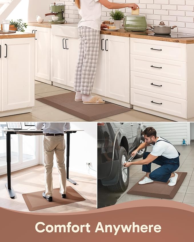 Ophanie Kitchen Mats for Floor, 3/4 inch Thick, 17x28 Anti Fatigue Cushioned Mat, Kitchen Rugs, Waterproof, Comfort Ergonomic Standing Mat for Office, Home, Sink, Brown Non-Slip Ridged Bottom