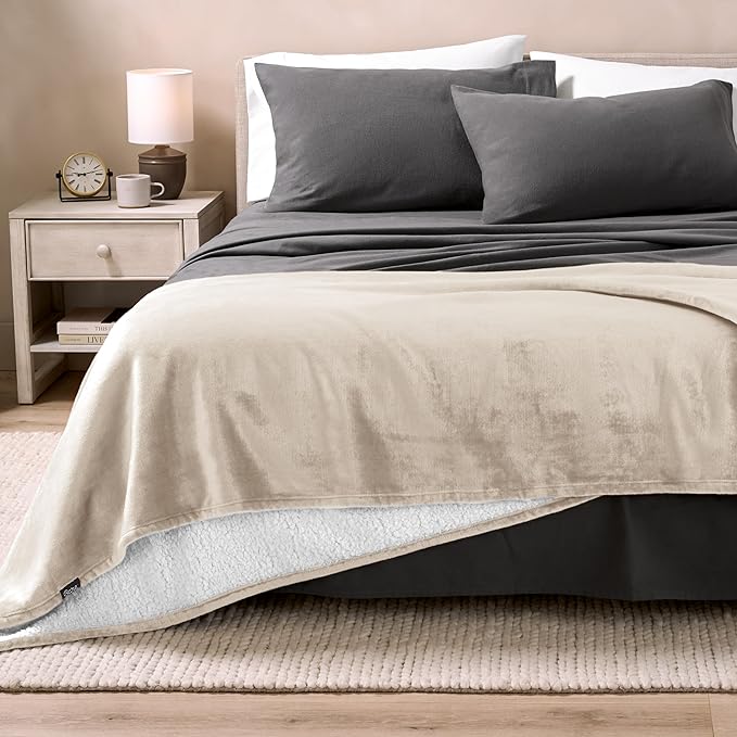 Bare Home Sherpa Fleece Blanket - Throw/Travel Size - Blanket for Bed, Sofa, and Couch - Warm & Lightweight - Fluffy & Soft - Reversible (Throw/Travel, Oyster)