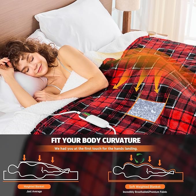 Red Heated Weighted Blanket for Adults Throw/Twin Size 13Lbs 50"x60", 2-in-1 Electric Heating Pad Lap Heavy Blanket for 120-140lbs with 10 Levels 1-8H Auto-Off, Christmas Birthday Gifts for Women Mom