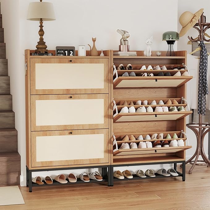 Slim Entryway Shoe Storage Cabinet with 3 Flip Drawers, Modern Freestanding Shoes Organizer Holds 16-20 Pairs, Closed Shoe Storage for Hallway, Foyer - Space-Saving Wood Shoe Cabinet