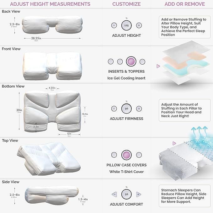 Wife Pillow - Topper, Rayon Shell/Charcoal Shredded High Density Memory Foam Filling. Adjustable for Side Sleepers by Zipper Access to Add/Remove Fill for Best Sleeping: High Denisty Support