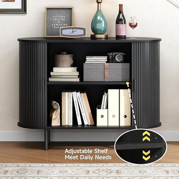 Buffet Cabinet with Storage, 40" Fluted Sideboard Buffet with Sliding Door, Coffee Bar Cabinet with Adjustable Shelf, Console Table, Accent Table for Entryway, Kitchen, Dining Room, Black