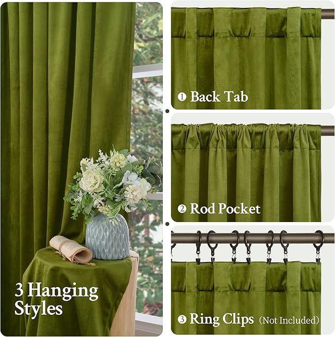 LAMIT Velvet Curtains for Living Room 96 Inch, Vintage Blackout Thermal Insulated Panels Super Soft Back Tab and Rod Pocket Room Darkening Window Drapes for Bedroom, 2 Panels, Moss Green 52 x 96 Inch