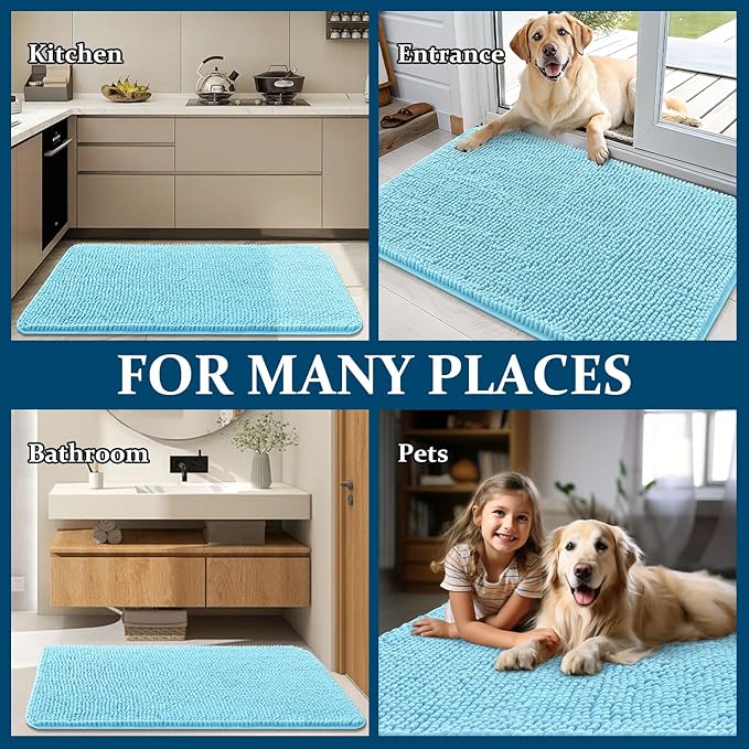 OLANLY Dog Door Mat for Muddy Paws 59x20, Absorbs Moisture and Dirt, Absorbent Non-Slip Washable Doormat, Quick Dry Chenille Mud Mat for Dogs, Entry Indoor Entryway Carpet for Inside Floor, Blue