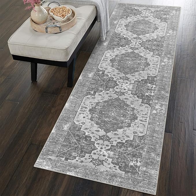 vivorug Grey Runner Rug 2x10 Machine Washable Rug with Non-Slip Backing, Ideal for Kitchen Hallway Entryway Laundry Room - Vintage Floral, Durable, Easy Clean, Low Pile Carpet Runner