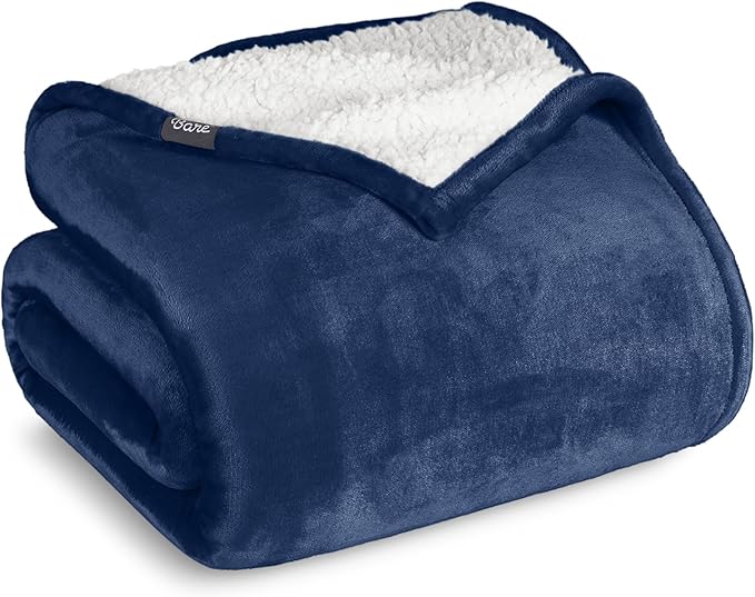 Bare Home Sherpa Fleece Blanket - Throw/Travel Size - Blanket for Bed, Sofa, and Couch - Warm & Lightweight - Fluffy & Soft - Reversible (Throw/Travel, Dark Blue)
