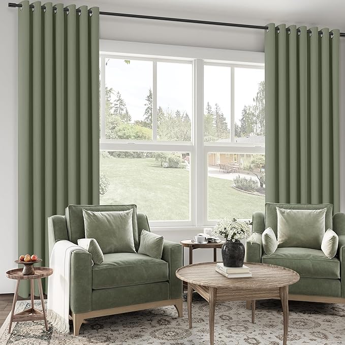 ChrisDowa 100% Blackout sage Solid Curtains 90 Inches Long 2 Panels for Bedroom Living Room,Farmhouse Room Darkening Thermal Insulated Soundproof Grommet Top Window Treatment Drapes,52x90