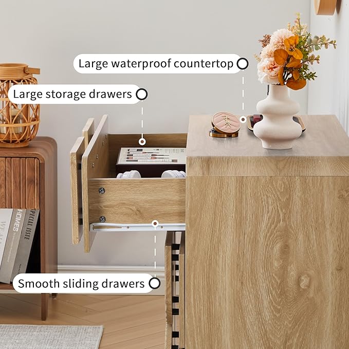 3 Drawer Dressers for Bedroom, 31.5" Wide Large Mid Century Modern Fluted Nightstand, Wood Dresser & Chest of Drawers with Curved Profile for Living Room, Entryway, Hallway, Natural