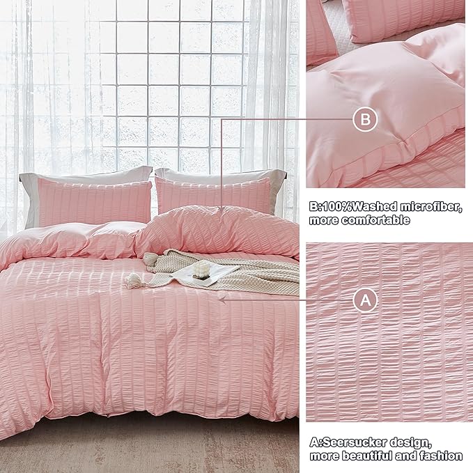 AveLom Blush Pink Seersucker Duvet Cover Set Queen Size (90 x 90 inches), 3 Pieces (1 Duvet Cover + 2 Pillow Cases), Ultra Soft Washed Microfiber, Textured Duvet Cover with Zipper Closure, Corner Ties