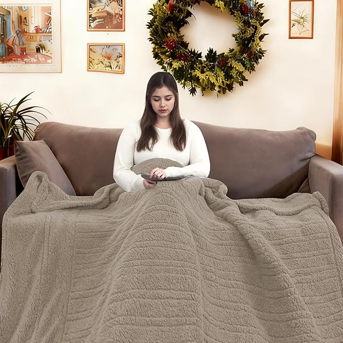 Electric Heated Blanket 6 Heating Settings & 10H Auto Off Full 72×84 Double Sided Plush Sherpa Ultra-Soft Warm Thick, Machine Washable, Fast Heating, Home Office Light Brown