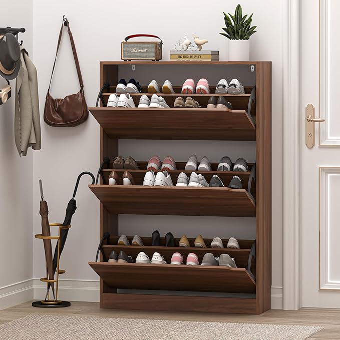 Shoe Cabinet with 3 Flip Drawers, Slim Narrow Shoe Storage Cabinet, Freestanding Shoe Organizer with Adjustable & Removable Shelves, Top Display Shelf for Entryway, Hallway, Foyer, Closet