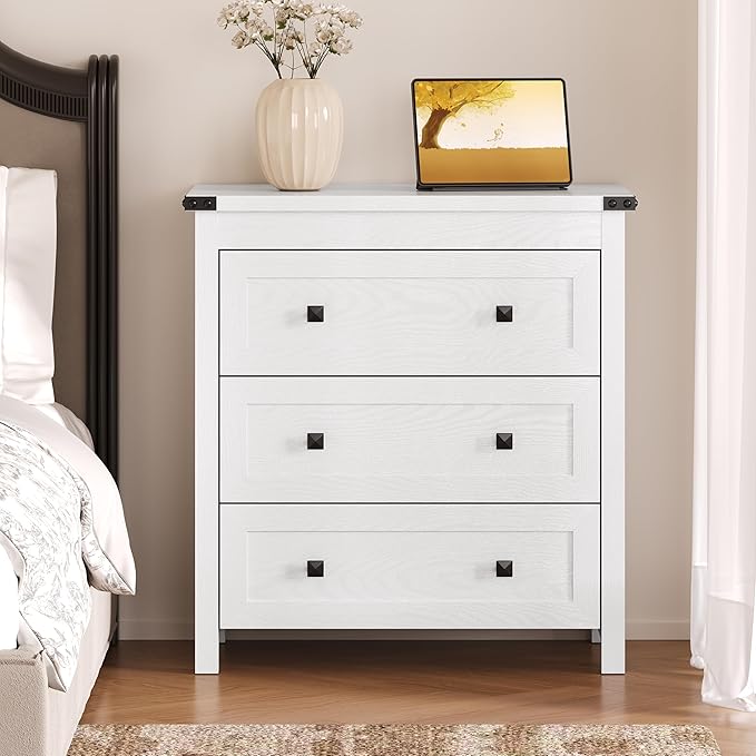 3-Drawer Dresser, Small Wooden Chest of Drawers with Metal Knobs, Water-Resistant Top, Storage Organizer with Anti-Tip Kit for Bedroom, Nursery, Living Room