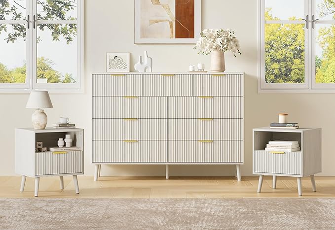 LYNSOM Fluted Dresser and Nightstand Sets 3 Piece, 9-Drawers Dresser and 1-Drawer Nightstands Set of 2, Wood Bedroom Furniture Set for Home, Bedroom, Hallway, White