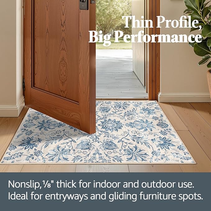 jinchan Torino 2x3 Washable Rugs for Entryway, Vintage-Inspired Floral Design Non-Slip Low-Pile Doormat, Ultra-Thin Indoor Traditional Accent Carpet for Entrance Kitchen Bathroom Bedroom, Dark Blue