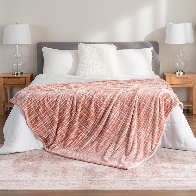 Berkshire Blanket-Classic Heavyweight Soft Printed VelvetLoft® Plush Blanket, Full/Queen Size Soft Fuzzy Warm Blanket for Couch Sofa Bed, Watercolor Plaid Blush, 90in x 90in