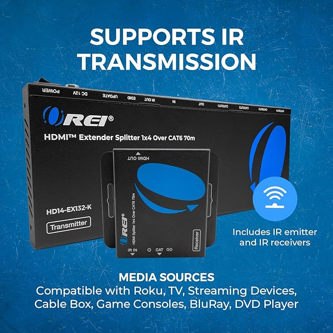 OREI 1x4 HDMI Extender Splitter Multiple Over Single Cable CAT6/7 1080P with IR Remote EDID Management - Up to 165 Ft - Loop Out - Low Latency - Full Support