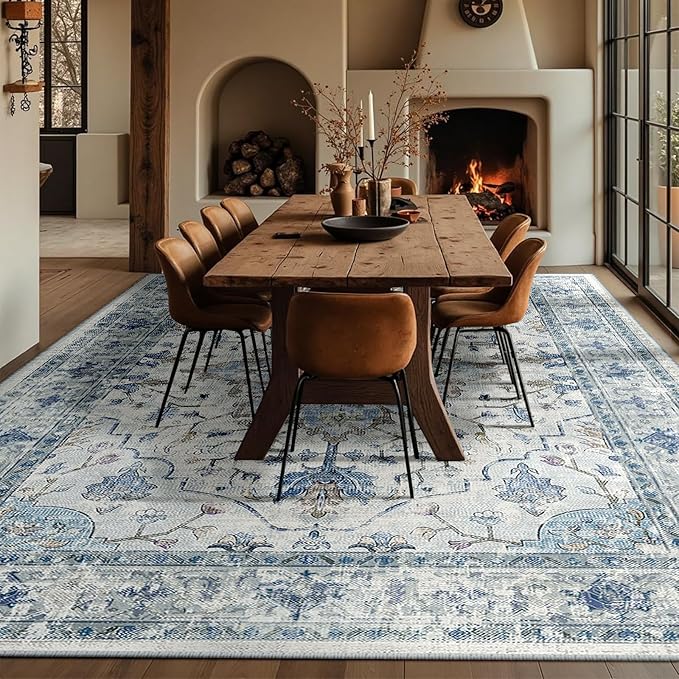 Area Rugs 10'x12' Washable Non-Slip, Floral Vintage Distress Print Pattern Medallion Carpet for Living Room Bedroom Dining Room, Light Blue Navy Beige Gray White