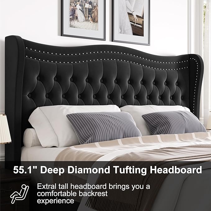Upholstered Queen Size Bed Frame with Tall Headboard, Velvet Wingback Platform Bed Frame with Deep Button Tufted, No Box Spring Needed, Noise Free, Black
