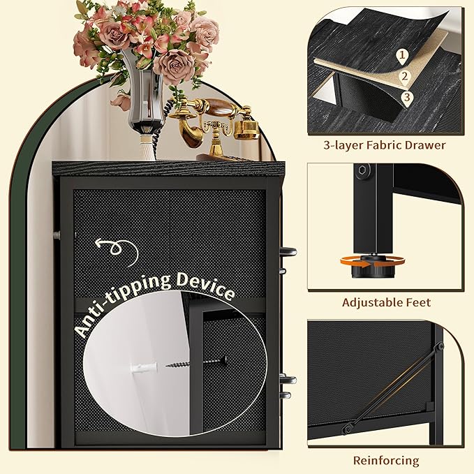 Dresser for Bedroom with 13 Fabric Drawers, Black Dresser with LED & 4 Charging Ports, 47''H Chest of Drawers with Open Storage Shelves for Hallway, Entryway