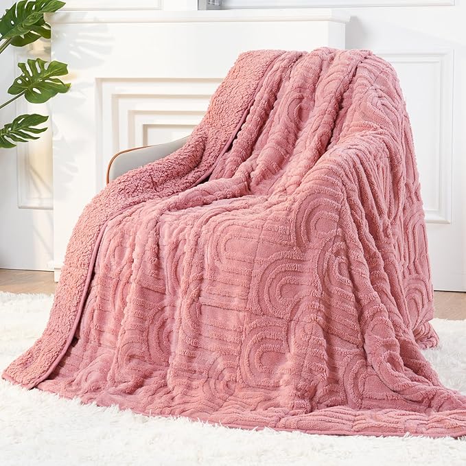 Sherpa Fleece Adult Weighted Blanket Great for Sleep, 20 lbs Dual Sided Soft Fuzzy Heavy Blankets for Couch Bed Sofa, Cozy Warm Arched Jacquard Throw for Winter (Apricot Pink, 60" x 80", 20 Pounds)
