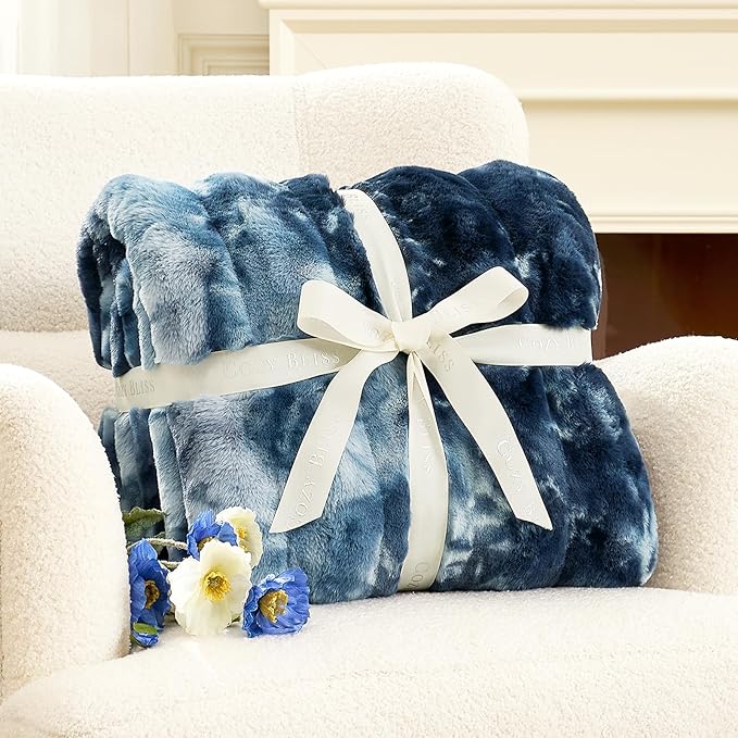 Cozy Bliss Faux Fur Throw Blanket for Couch, Fuzzy Soft Plush Thick Striped Blanket for Sofa Bedroom Living Room, 50 * 60 Inches Tie-dye Blue