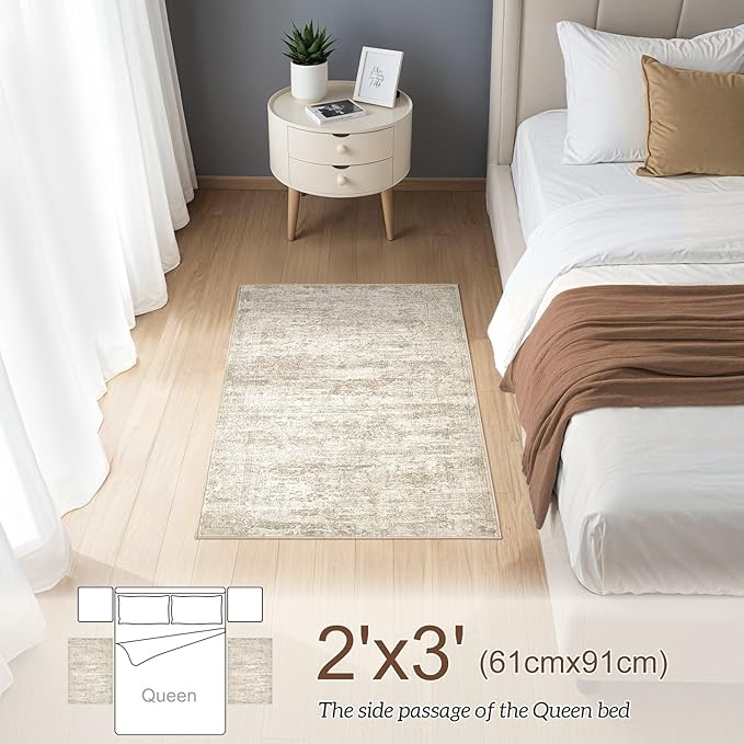 2x3 Entryway Area Rug: Washable Neutral Modern Abstract Small Rug - Non-Slip Low Pile Throw Indoor Carpet for Entrance Kitchen Front Door Mat Bathroom Entry Kids Room - Vintage Beige