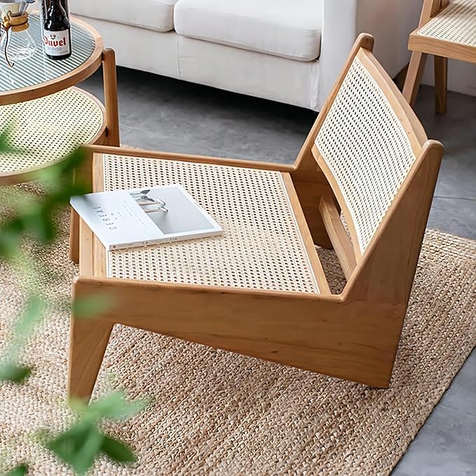 homary Mid Century Modern Chair Japandi Walnut Rattan and Wood Lounge Chairs Armless Accent Chair for Living Room Bedroom Balcony & Patio