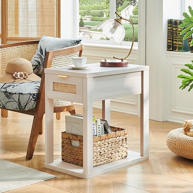 LEYAOYAO Narrow Side Table Set 2 with Charging Station,Rattan Night Stand with Drawer Storage,Natural Wood Bedside End Table with Metel Handle for Small Spaces,Boho Nightstand for Living Room Bedroom