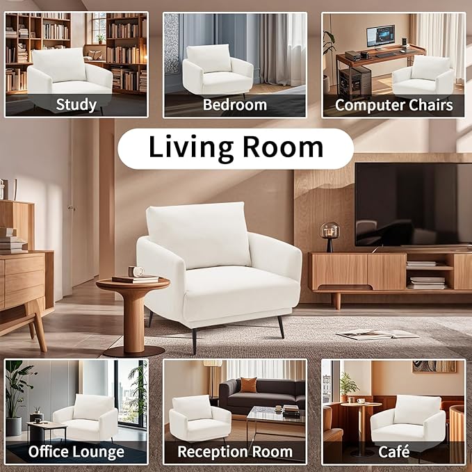 Oversized Accent Chair for Living Room Cozy Reading Chairs Mid-Century Modern Accent Chairs Armchair with Metal Legs Single Sofa Chair for Home Office (1-PCS, Polyester Fabric- Pearly White)