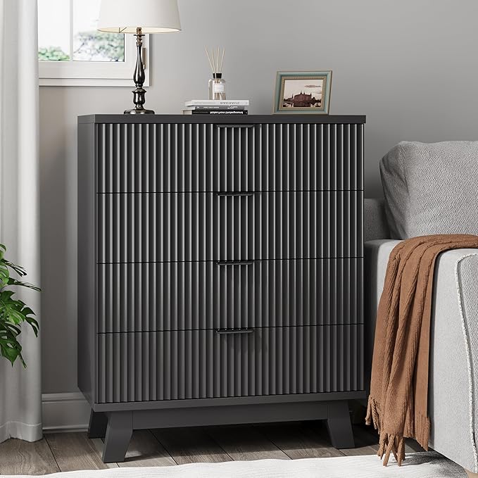 Fluted Nightstand, 31.5" Wide Side Table with 4 Large Storage Drawers, Mid Century Modern Wood Night Stand with Metal Handle, Wooden Bedside End Table for Bedroom, Living Room, Closet, Black